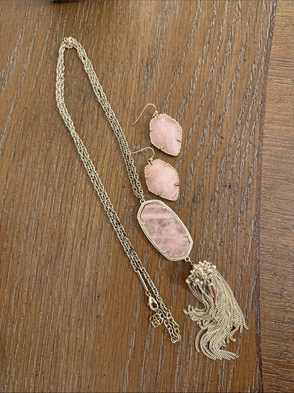 Kendra Scott pink quartz tassel necklace and earrings set